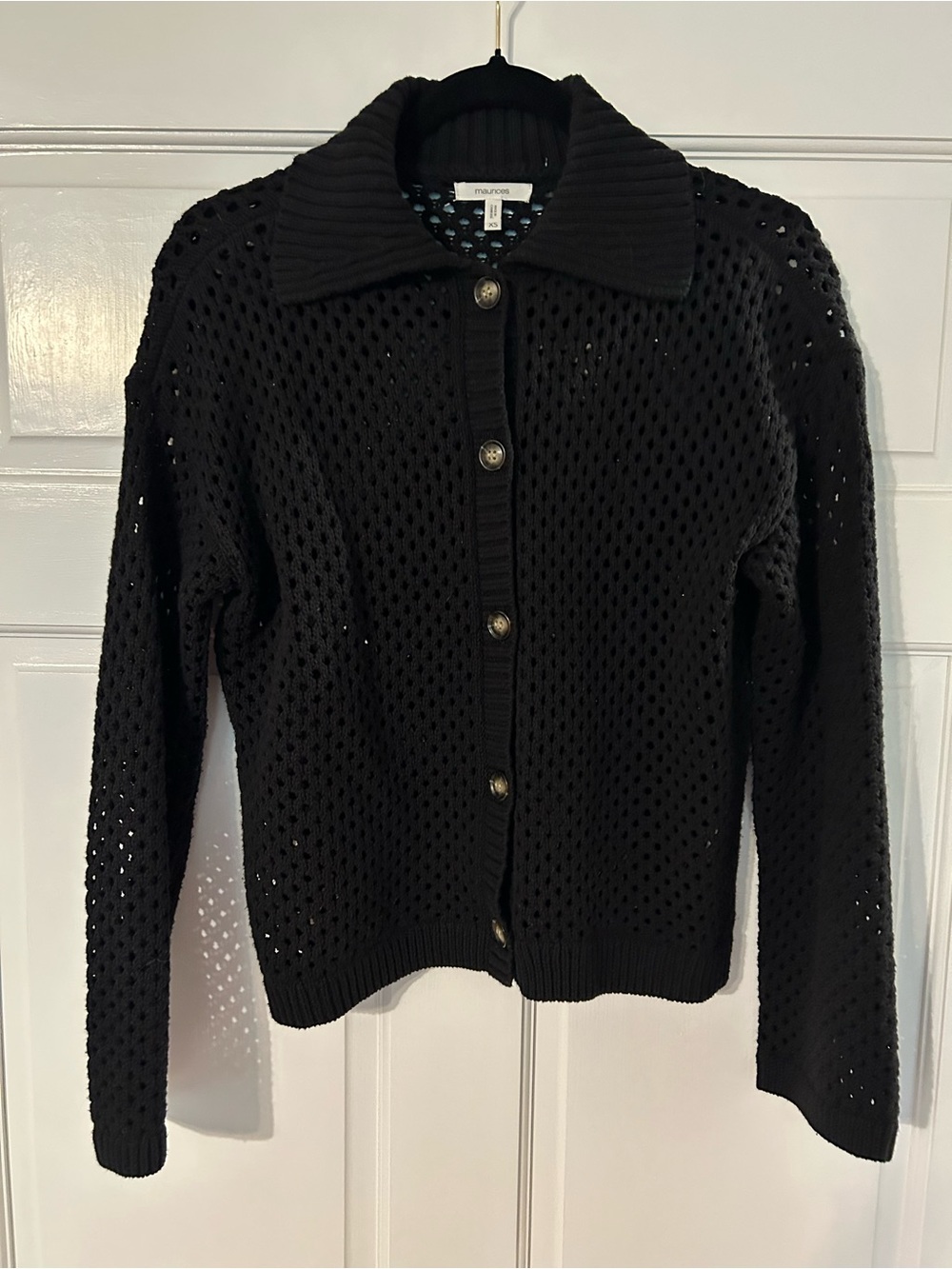 Maurices Black Open-Knit Collared Button Cardigan